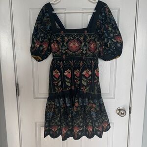 NWT FARM Rio Black Floral Square-Neck Puff-Sleeve Dress